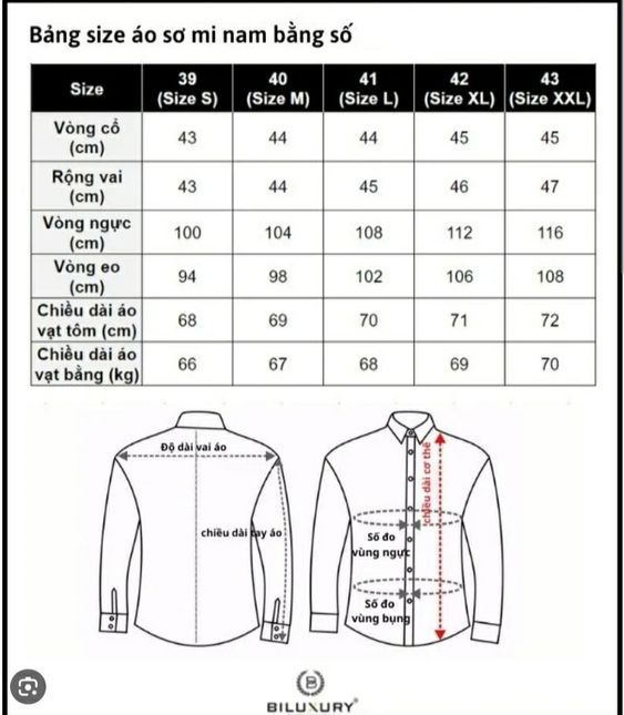 bảng size áo sơ mi nam chuẩn