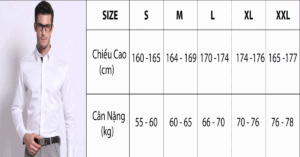 bảng size áo sơ mi nam chuẩn